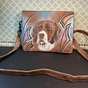 Artistic Brown Crossbody Bag with Dog Design Handpaunted.